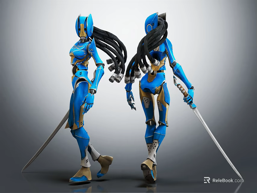 Two Blue Robot Characters With Long Black Braids And Swords In Mechanical Design 3d model 