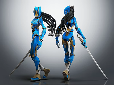 Two Blue Robot Characters With Long Black Braids And Swords In Mechanical Design 3d model