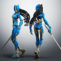 Two Blue Robot Characters With Long Black Braids And Swords In Mechanical Design