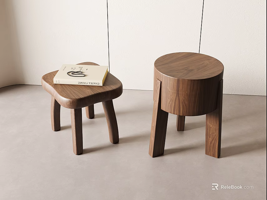 Two Walnut Wood Stools In Modern Minimalist Design With Round And Square Seats 3d model 