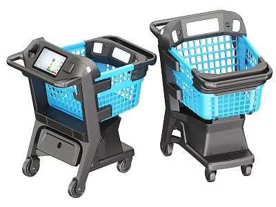 Functional Shopping Carts with Blue Basket Black Frame Tablet Holder and Wheels 3d model