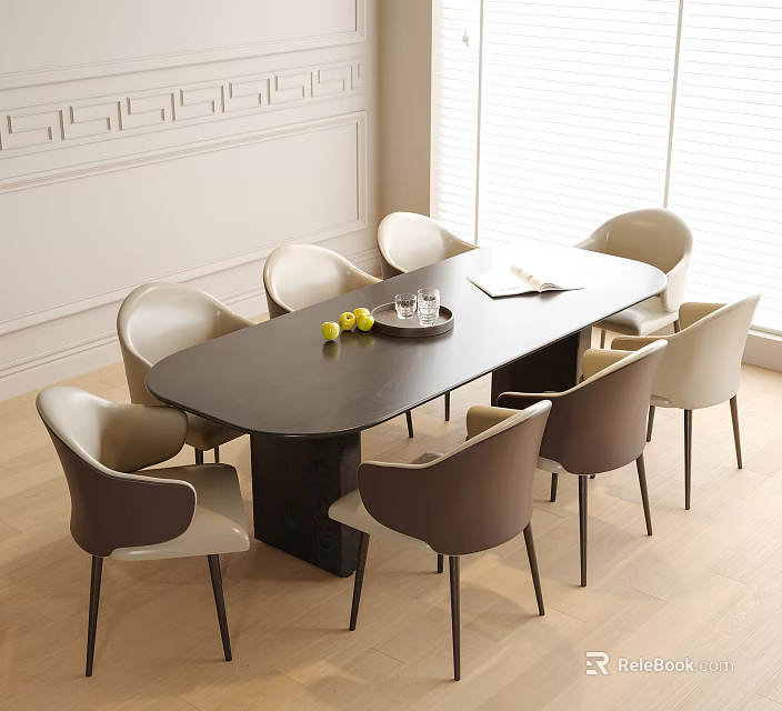 Modern Dining Interior With Dark Wooden Table And Beige Brown Chairs Lemon Plate Glasses Papers 3d model 