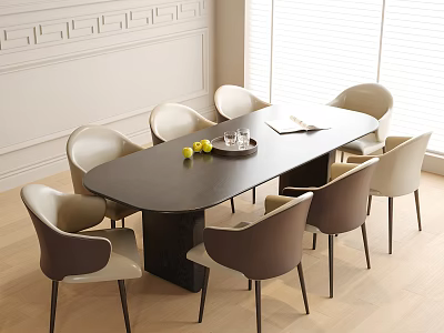 Modern Dining Interior With Dark Wooden Table And Beige Brown Chairs Lemon Plate Glasses Papers 3d model