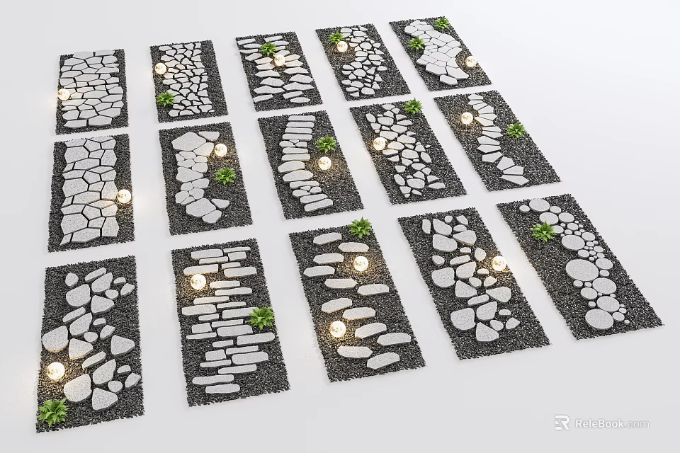 Park Landscape Featuring Stone Paths Pebbles Small Lights And Green Plants 3d model 