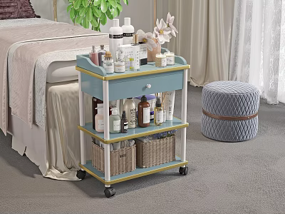 Beauty Salon Cart With Multiple Layers Skincare Products Near Treatment Bed And Stool 3d model
