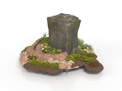 Modern Natural Stone Decor With Green Moss Small Plants And Earth Base 3d model