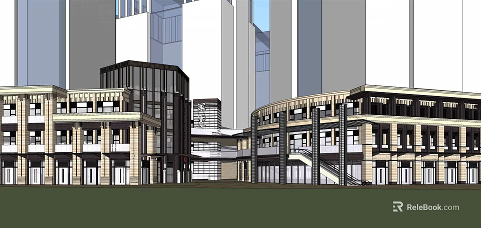 Modern Commercial Street With Multi Story Buildings Glass Facades And Open Plazas 3d model 