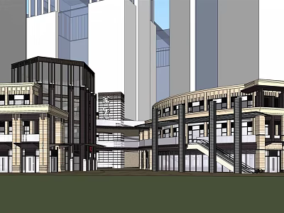 Modern Commercial Street With Multi Story Buildings Glass Facades And Open Plazas 3d model