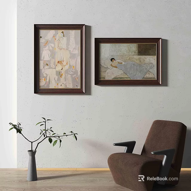 Framed Abstract Paintings Displayed On Wall With Brown Chair And Potted Plant 3d model 
