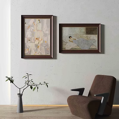 Framed Abstract Paintings Displayed On Wall With Brown Chair And Potted Plant 3d model