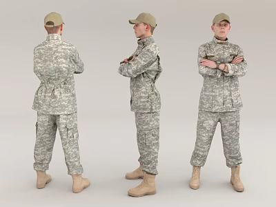 Man In Camouflage Military Uniform Standing In Different Angles With Hat And Boots 3d model