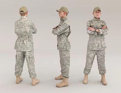 Man In Camouflage Military Uniform Standing In Different Angles With Hat And Boots 3d model