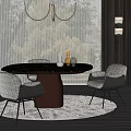 Modern Round Dining Table and Upholstered Chairs with Decorative Vases and Wooden Wall
