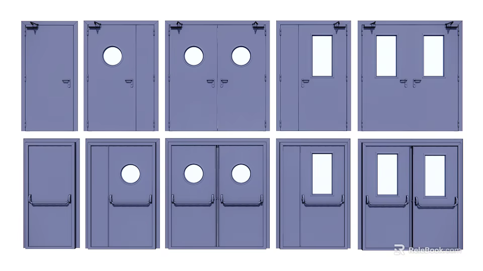 Blue Single And Double Doors With Round And Rectangular Windows Design 3d model