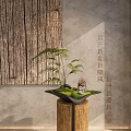 Natural Bonsai Potted Plant with Moss Stones Fern on Wooden Stand Against Gray Wall