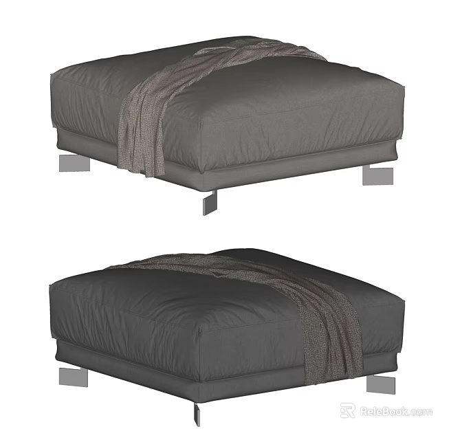 Gray Ottoman With Soft Fabric And Gray Throw Blanket For Living Room 3d model 