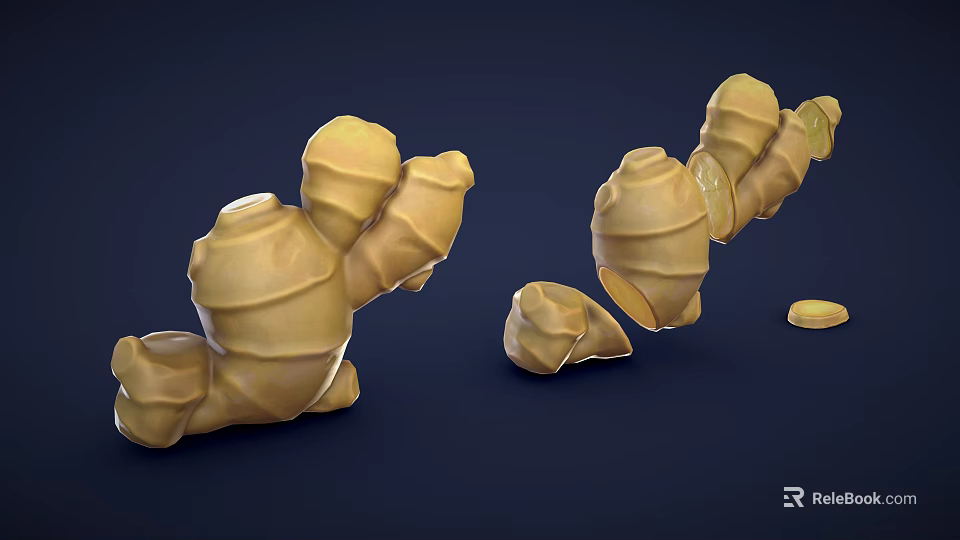 Fresh Ginger Root with Whole and Sliced Pieces for Healthy Cooking 3d model 