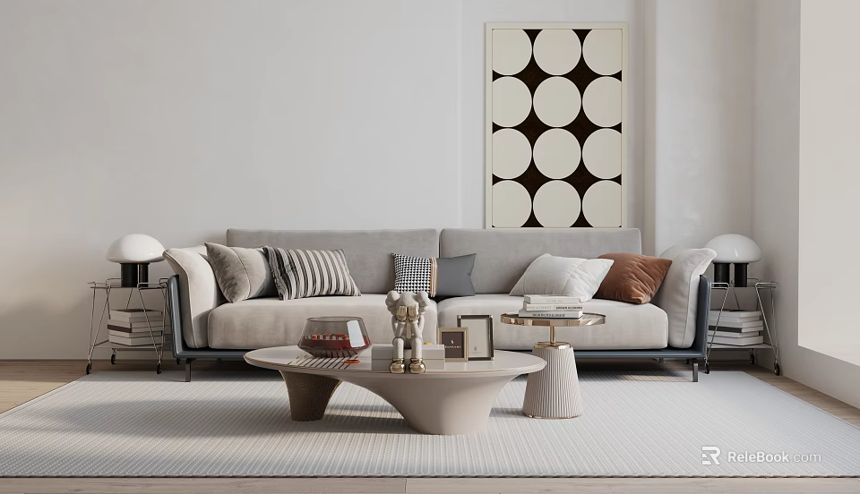 Modern Light Gray Sectional Sofa With Patterned Pillows Round Coffee Table And Geometric Wall Art 3d model 