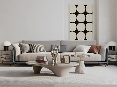 Modern Light Gray Sectional Sofa With Patterned Pillows Round Coffee Table And Geometric Wall Art 3d model