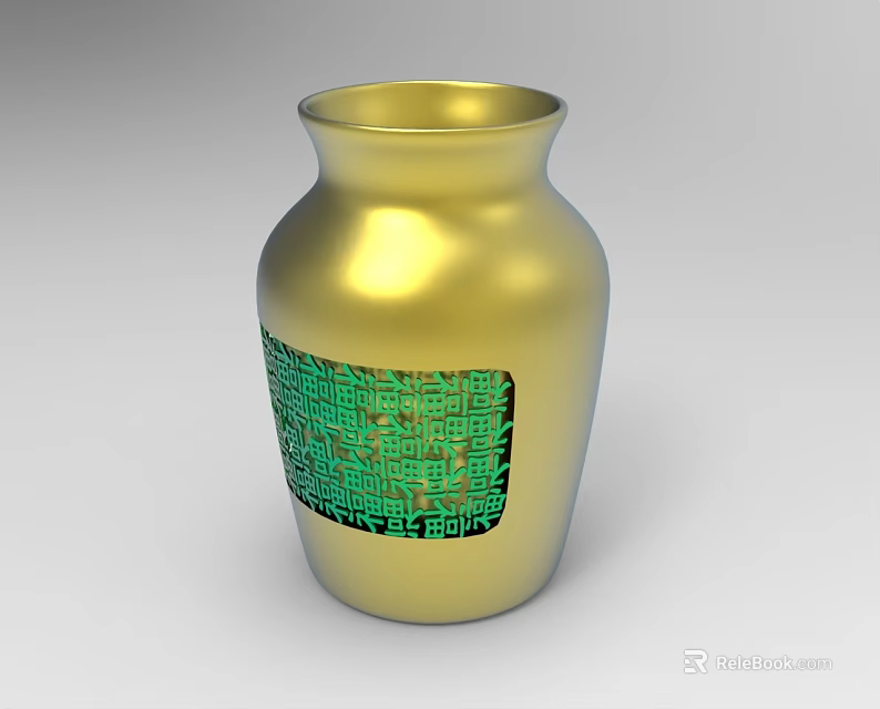 Decorative Ornament Set Featuring Golden Vase With Green Geometric Pattern 3d model 