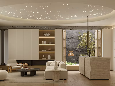 Modern Home Theater Interior With Comfortable Seating Display Shelves And Starry Ceiling Design 3d model