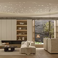 Modern Home Theater Interior With Comfortable Seating Display Shelves And Starry Ceiling Design
