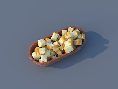 Small Cube Croutons Filled in Brown Oval Wooden Plate on Gray Background 3d model