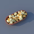 Small Cube Croutons Filled in Brown Oval Wooden Plate on Gray Background