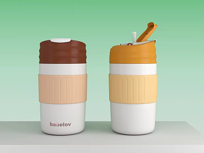 Stylish Baelov Travel Mugs With White Body Brown Orange Lids Beige Yellow Sleeves And Spoon 3d model
