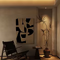 Modern Lounge Chair with Abstract Painting Green Plant Side Table and Warm Lit Interior