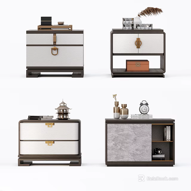 Elegant Chinese Bedside Tables With Brass Hardware Marble Top And Decorative Storage Drawers 3d model 