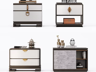 Elegant Chinese Bedside Tables With Brass Hardware Marble Top And Decorative Storage Drawers 3d model