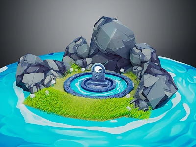 Cartoon Scene Featuring Rocks Blue Water Central Fountain And Green Grass 3d model