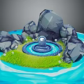 Cartoon Scene Featuring Rocks Blue Water Central Fountain And Green Grass