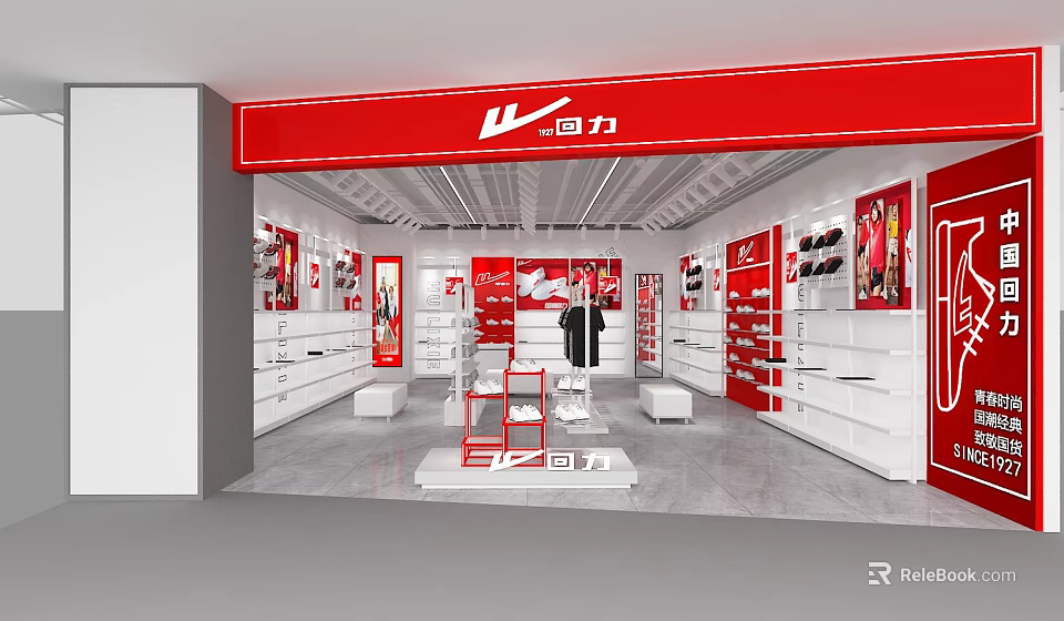 Warrior Brand Retail Store Displaying Shoes On White Shelves And Red Signage 3d model 