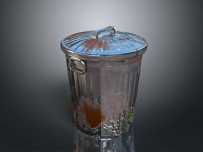 Transparent Plastic Trash Can With Lid And Garbage Inside On Reflective Surface 3d model