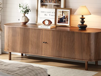 Wooden TV Stand with Vertical Striped Design and Decorative Vase Books Lamp Photo Frame 3d model