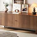 Wooden TV Stand with Vertical Striped Design and Decorative Vase Books Lamp Photo Frame