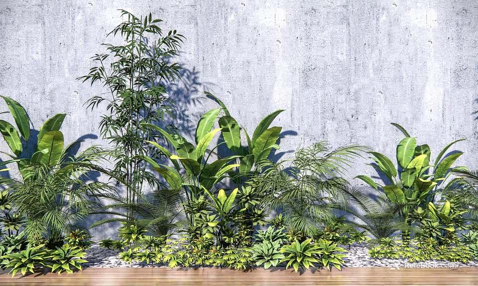 Various Green Plants Arrangement Against Gray Wall With Wooden Floor And Pebbles 3d model 
