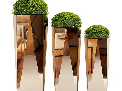 Modern Metallic Planters with Round Topiary Plants in Various Heights 3d model