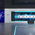 Modern High Tech Exhibition Hall With Blue Lighting Digital Lines Display Platform And Visitors