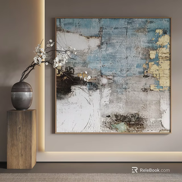 Abstract Textured Painting with Blue White Yellow Tones and Wooden Pedestal White Flowers in Interior 3d model 
