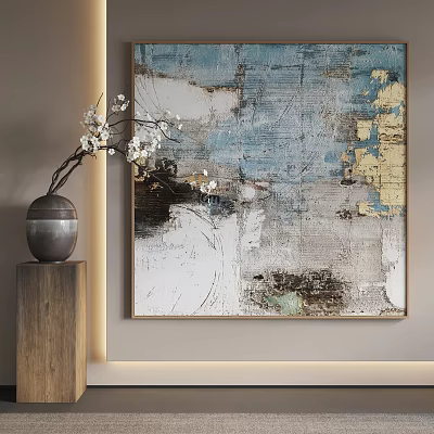 Abstract Textured Painting with Blue White Yellow Tones and Wooden Pedestal White Flowers in Interior 3d model