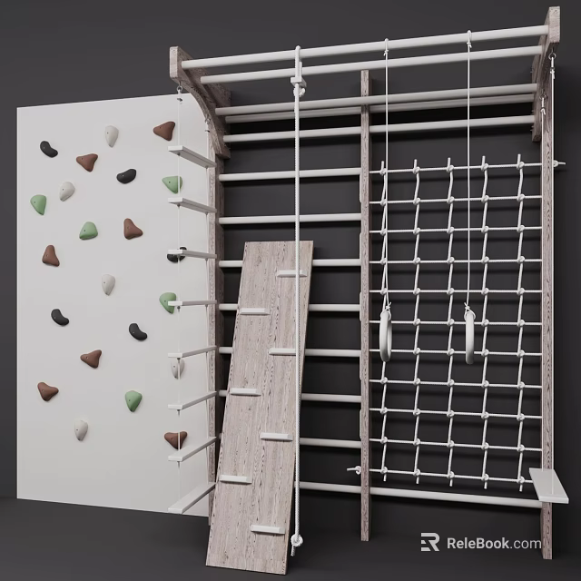 Outdoor Sports Equipment Featuring Climbing Wall Holds Ladder And Rope Net 3d model 