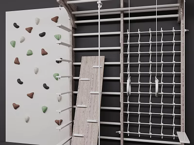 Outdoor Sports Equipment Featuring Climbing Wall Holds Ladder And Rope Net 3d model