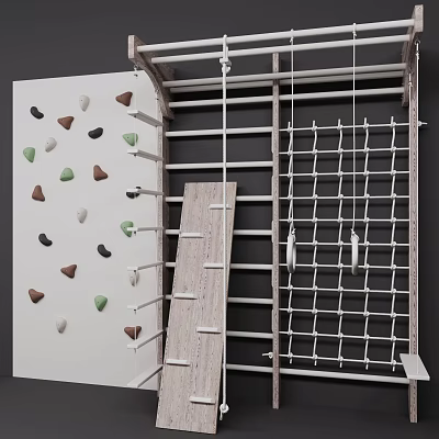 Outdoor Sports Equipment Featuring Climbing Wall Holds Ladder And Rope Net 3d model