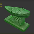 Gray Stone Boat Sculpture on Decorative Wave Pattern Base with Textured Surface