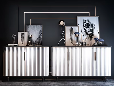 Modern Silver Console Table Side Cabinet With Vertical Stripe Design Decorative Paintings And Lamps 3d model