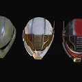 Three Different Futuristic Helmets With Metallic Textures Various Colors And Unique Styles