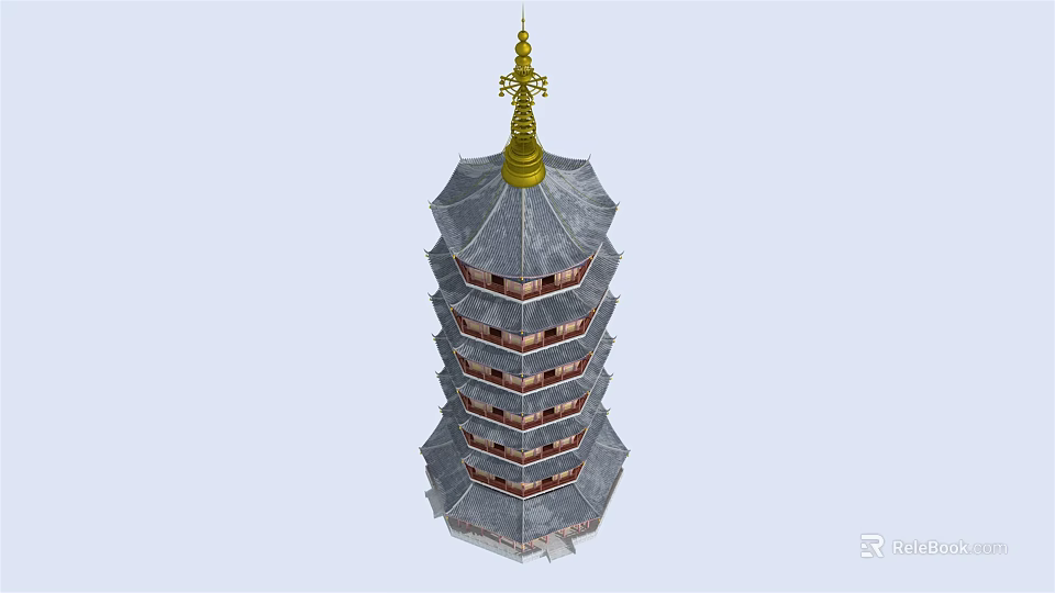 Traditional Chinese Multi story Pagoda With Gray Roof Golden Spire And Red Balconies 3d model 
